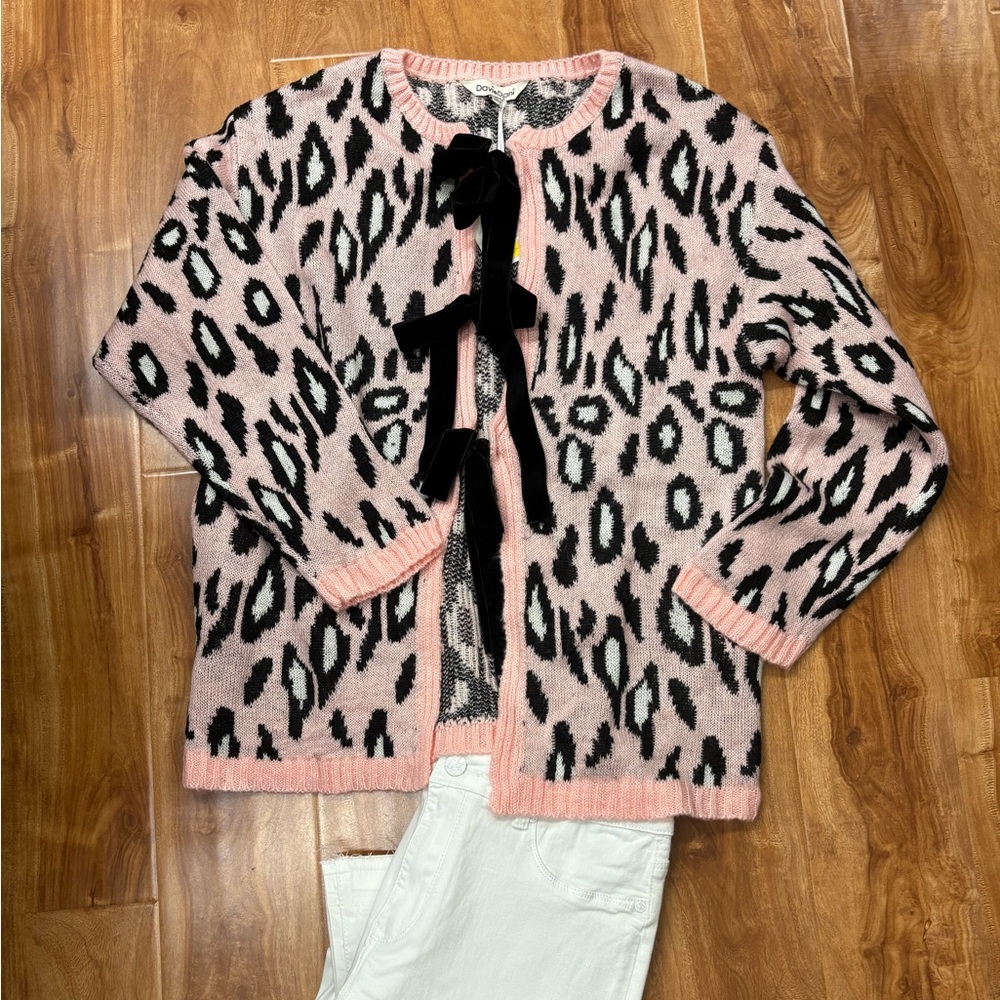 Pink Leopard Print Cardigan w Bow Tie Front